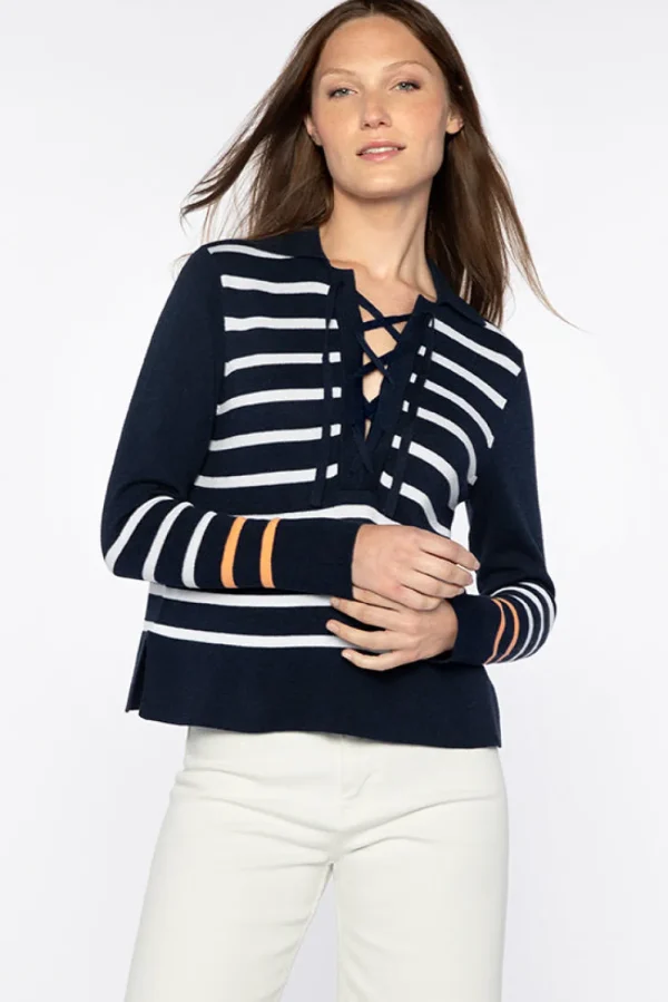 Kinross Cashmere 'Stripe Lace Up' Polo>Women Knitwear